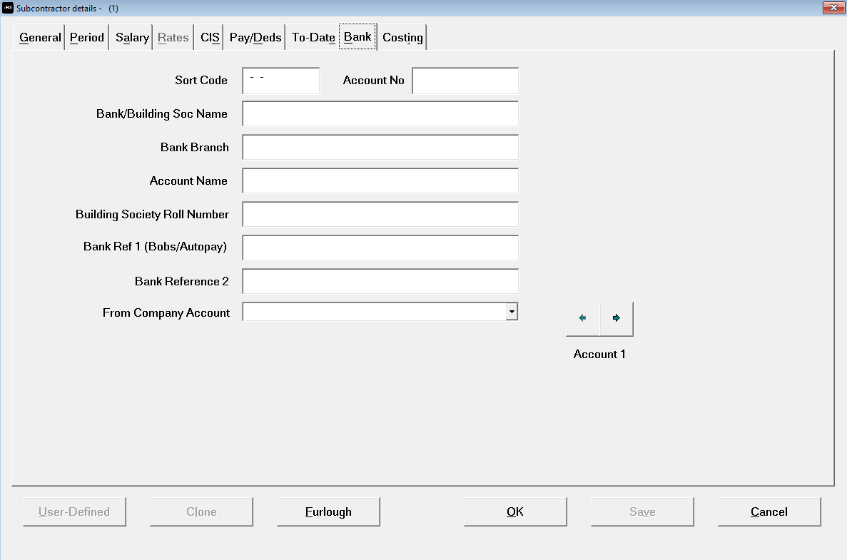 Subcontractor Details - Bank tab screen fields 